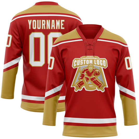 Custom Red White-Old Gold Hockey Lace Neck Jersey - Sky-Custom