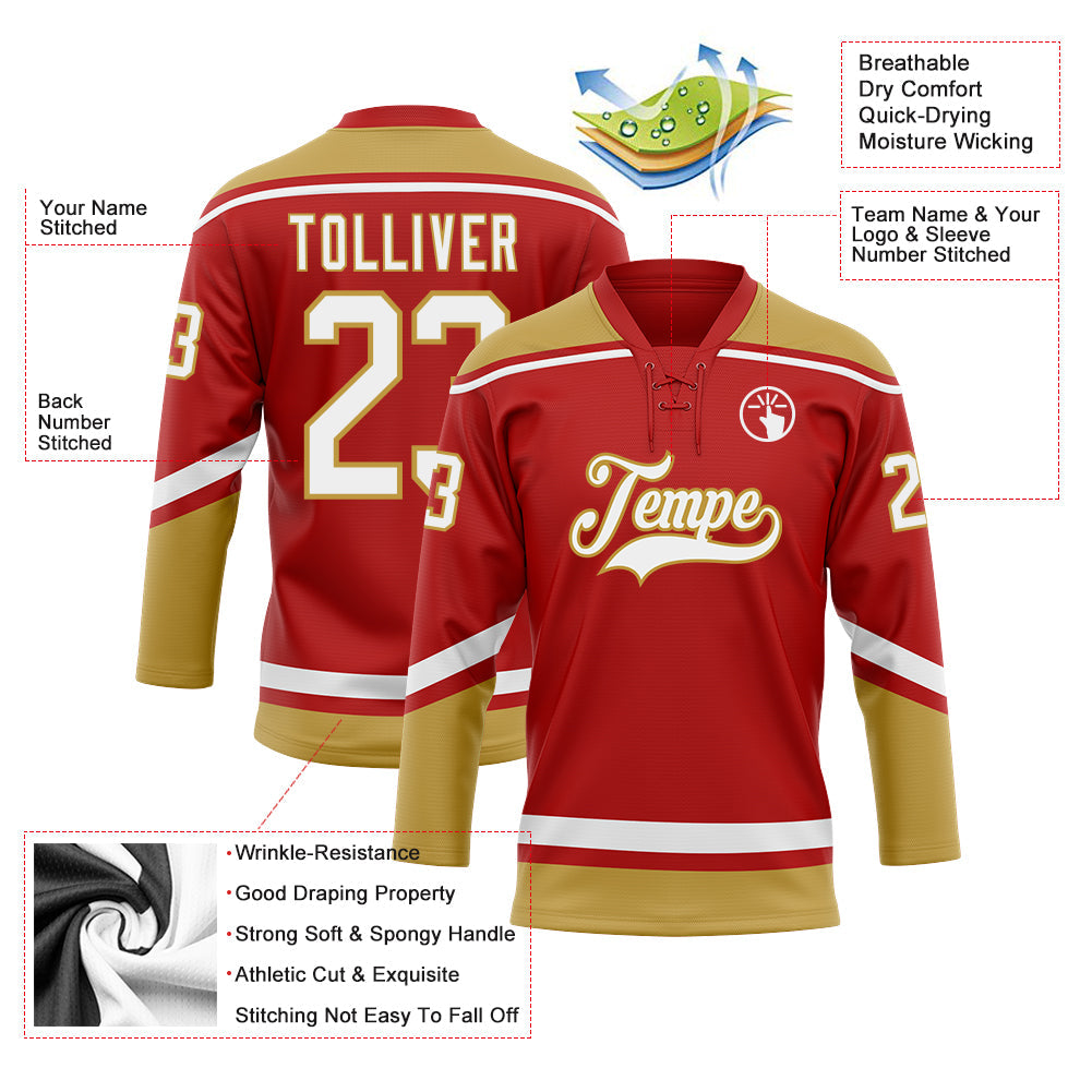 Custom Red White-Old Gold Hockey Lace Neck Jersey - Sky-Custom