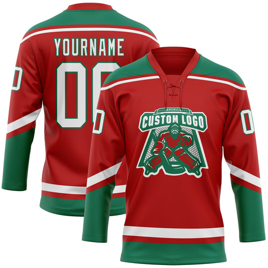 Custom Red White-Kelly Green Hockey Lace Neck Jersey - Sky-Custom