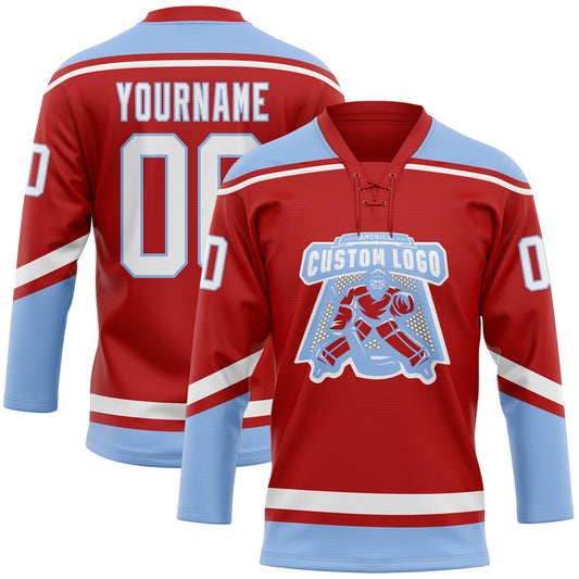 Custom Red White-Light Blue Hockey Lace Neck Jersey - Sky-Custom