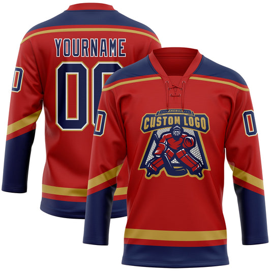 Custom Red Navy-Old Gold Hockey Lace Neck Jersey - Sky-Custom