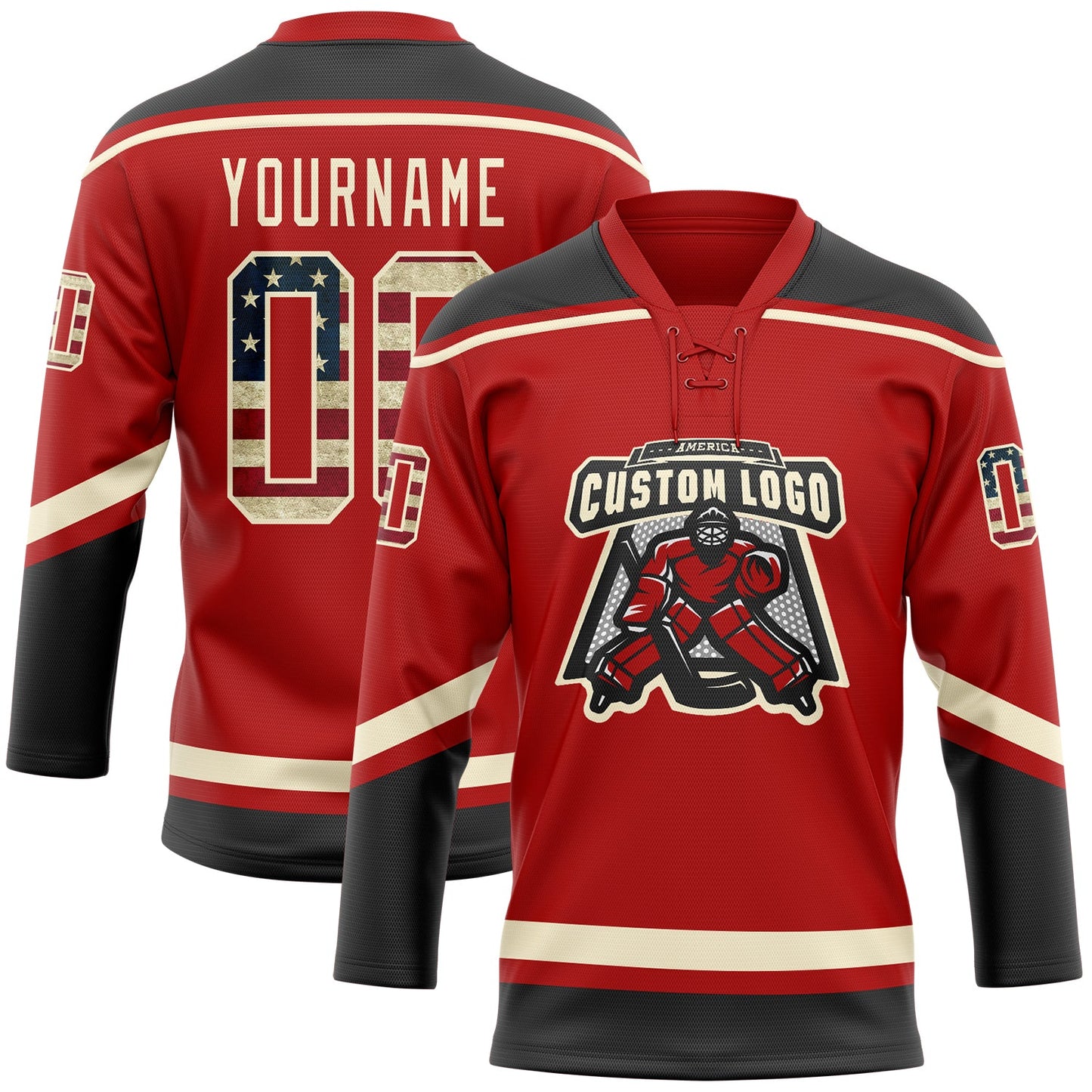 Custom Red Vintage USA Flag Black-Cream Hockey Lace Neck Jersey - Sky-Custom