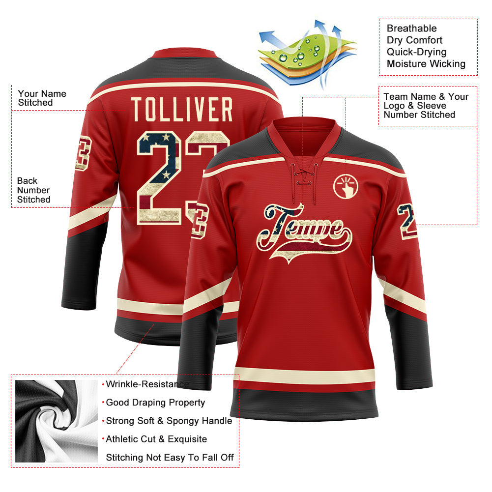 Custom Red Vintage USA Flag Black-Cream Hockey Lace Neck Jersey - Sky-Custom