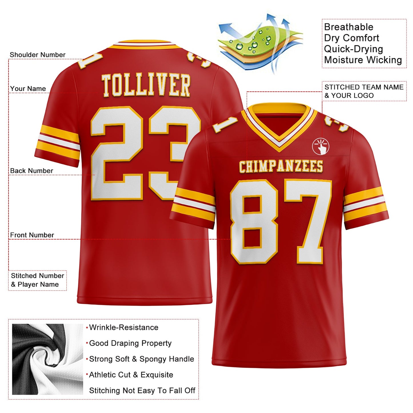 Custom Red White-Gold Mesh Authentic Football Jersey - Sky-Custom