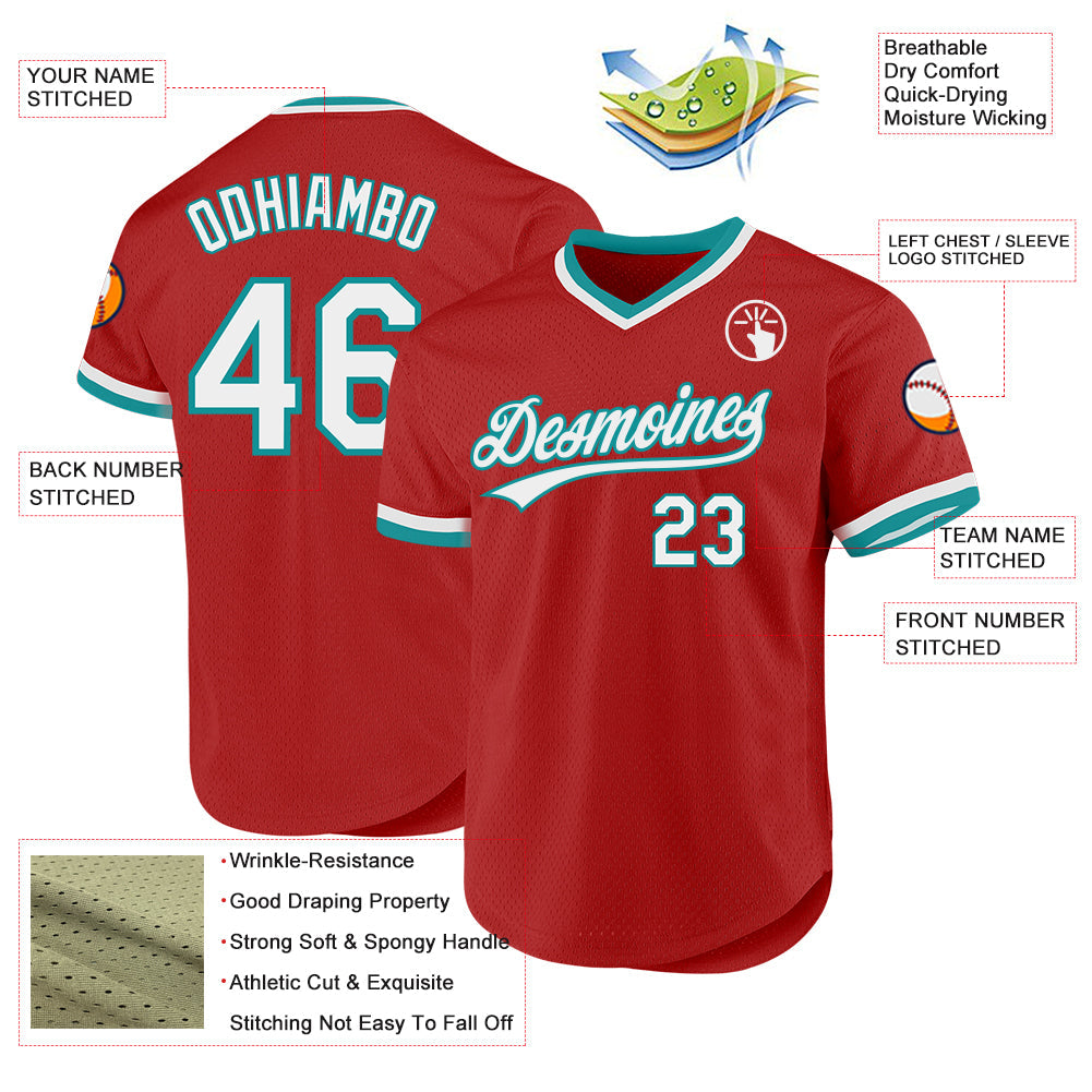 Custom Red White-Teal Authentic Throwback Baseball Jersey - Sky-Custom