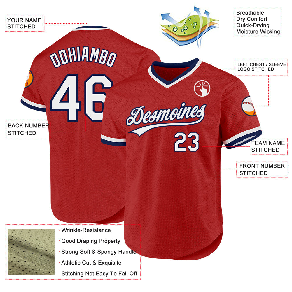 Custom Red White-Navy Authentic Throwback Baseball Jersey - Sky-Custom