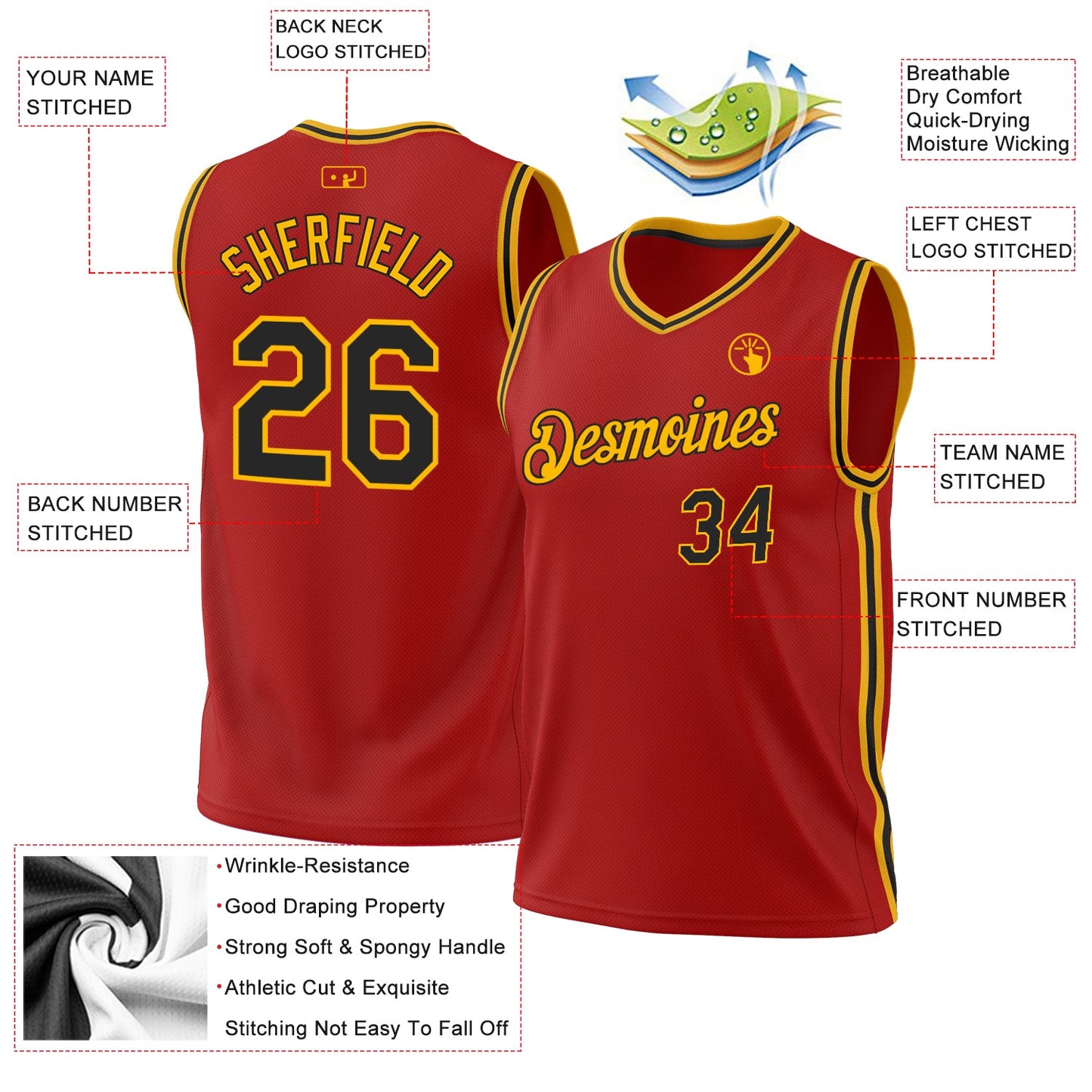 Custom Red Black-Gold Authentic Throwback Basketball Jersey - Sky-Custom