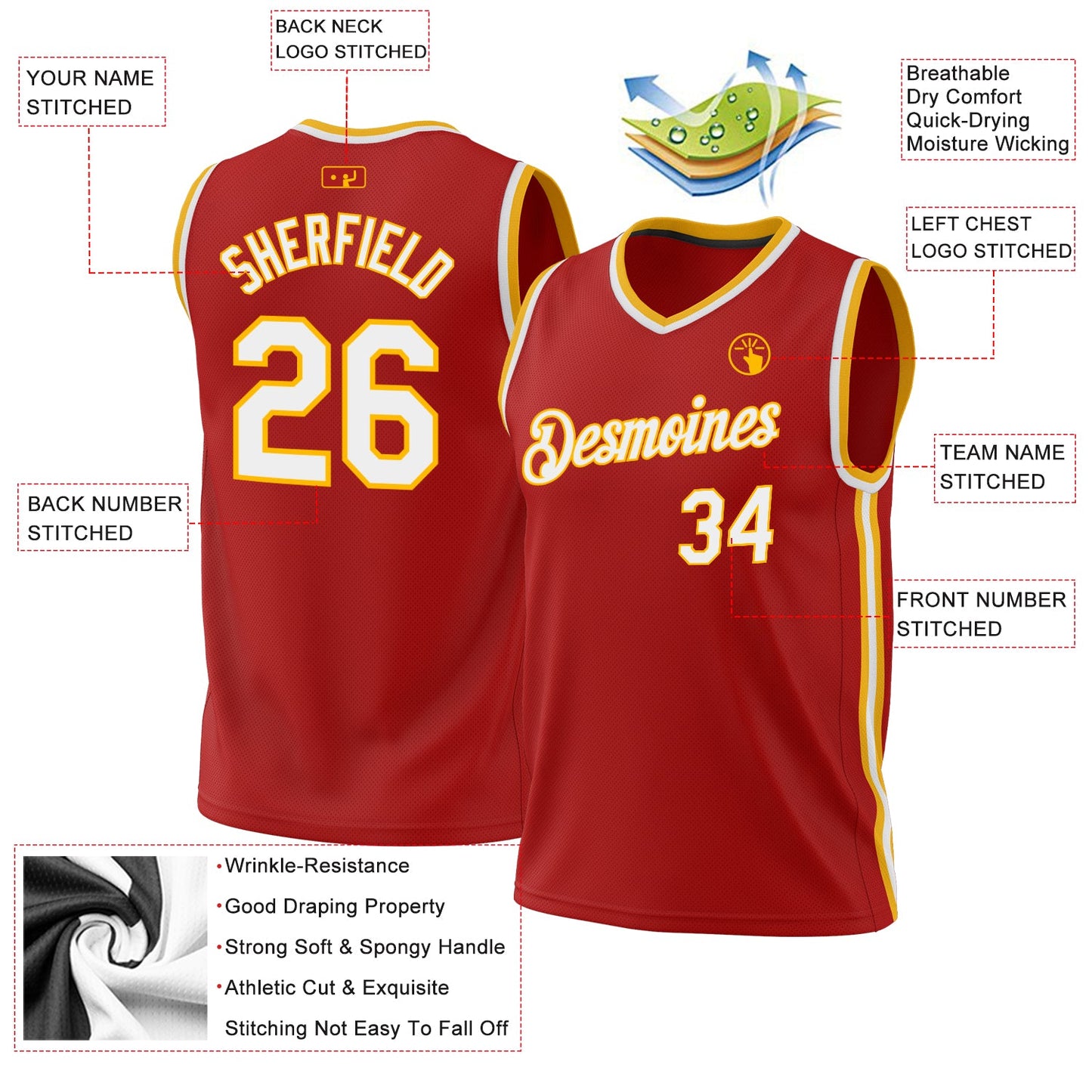 Custom Red White-Gold Authentic Throwback Basketball Jersey - Sky-Custom