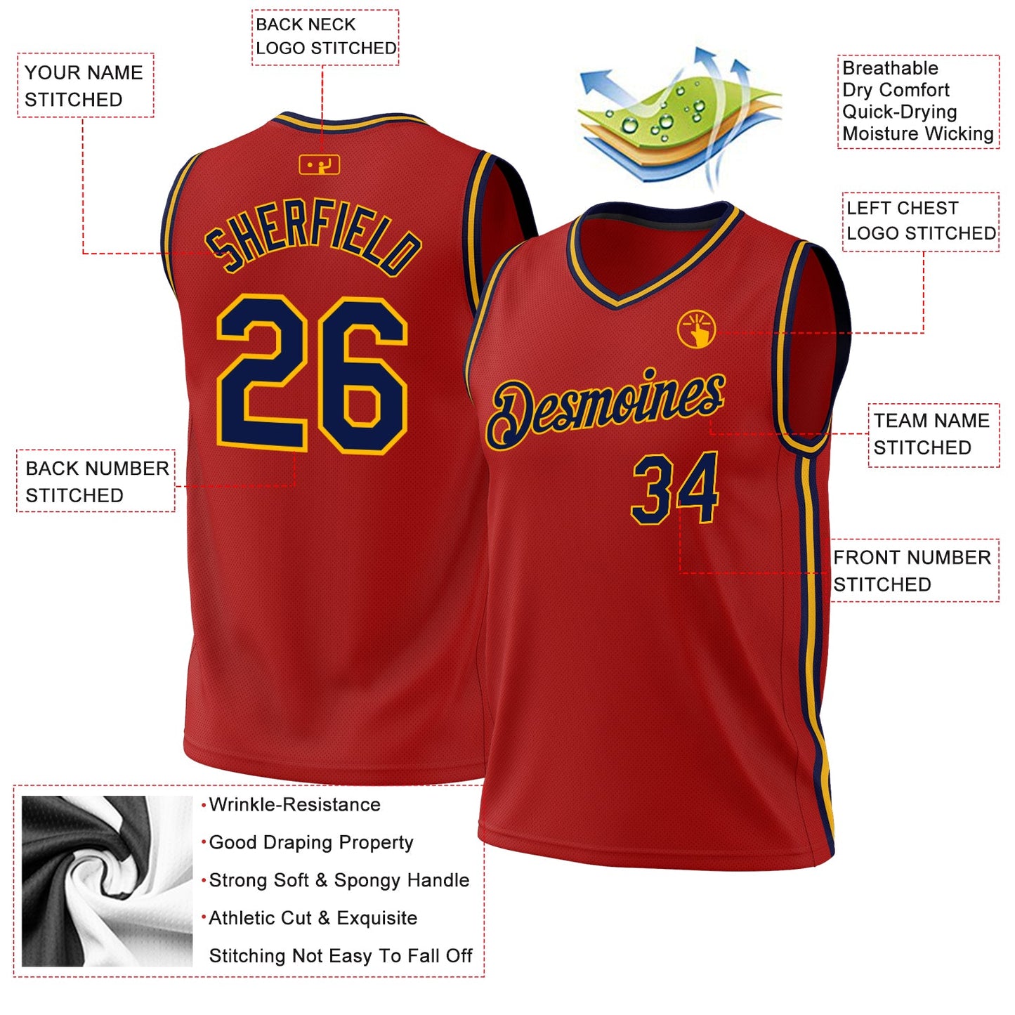 Custom Red Navy-Gold Authentic Throwback Basketball Jersey - Sky-Custom