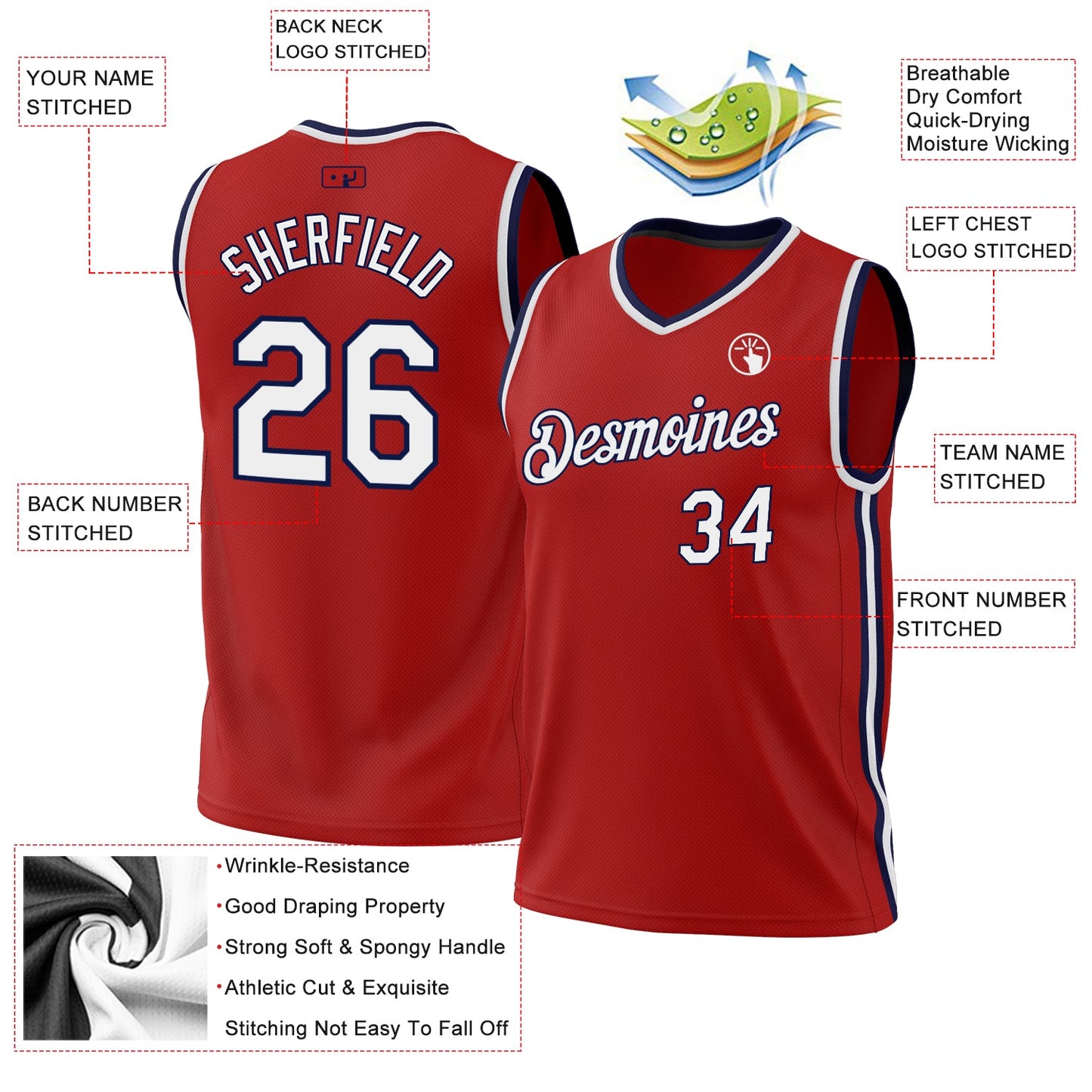 Custom Red White-Navy Authentic Throwback Basketball Jersey - Sky-Custom