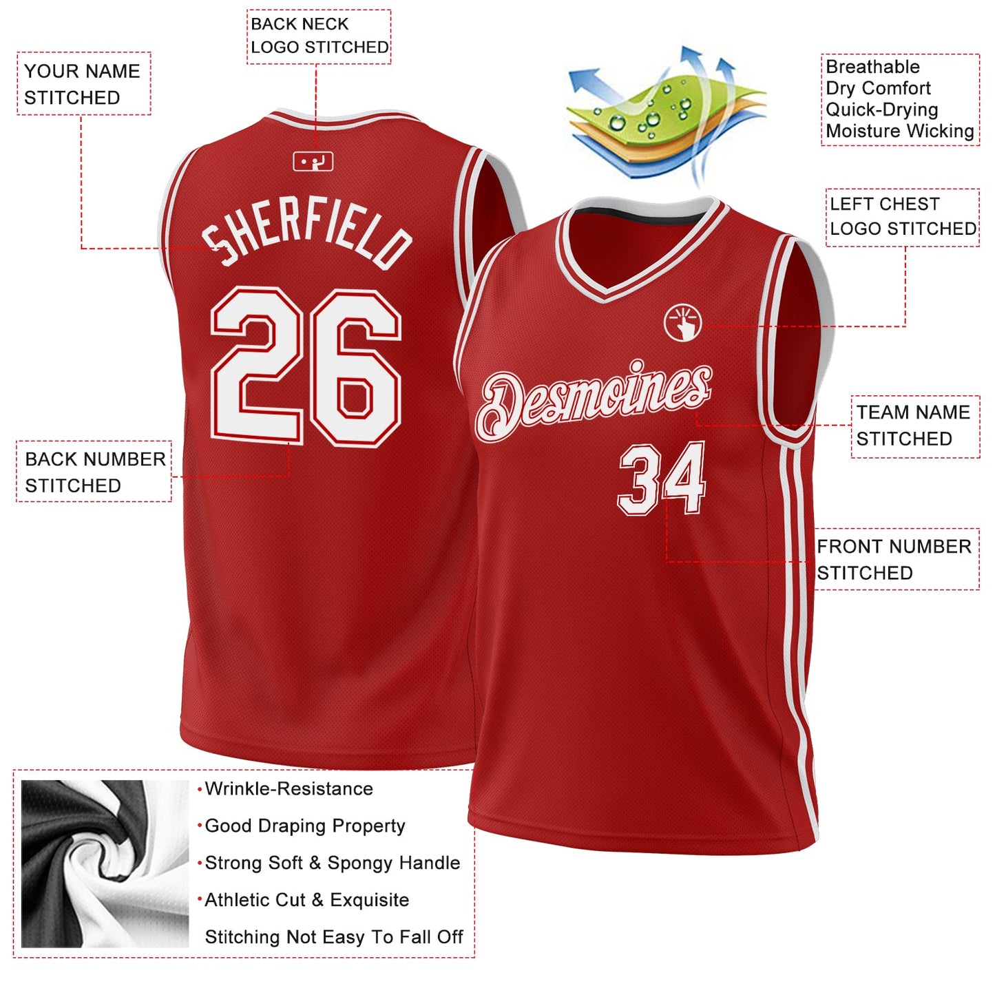 Custom Red White Authentic Throwback Basketball Jersey - Sky-Custom