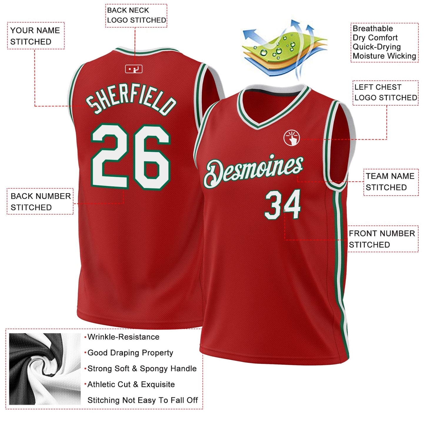 Custom Red White-Kelly Green Authentic Throwback Basketball Jersey - Sky-Custom