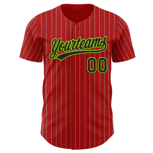 Custom Red Gray Pinstripe Black-Neon Green Authentic Baseball Jersey - Sky-Custom