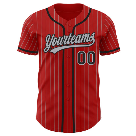 Custom Red Gray Pinstripe Black Authentic Baseball Jersey - Sky-Custom