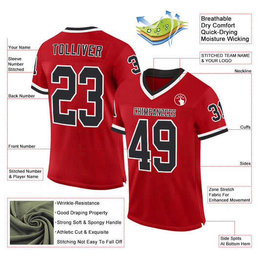 Custom Red Black-White Mesh Authentic Throwback Football Jersey - Sky-Custom