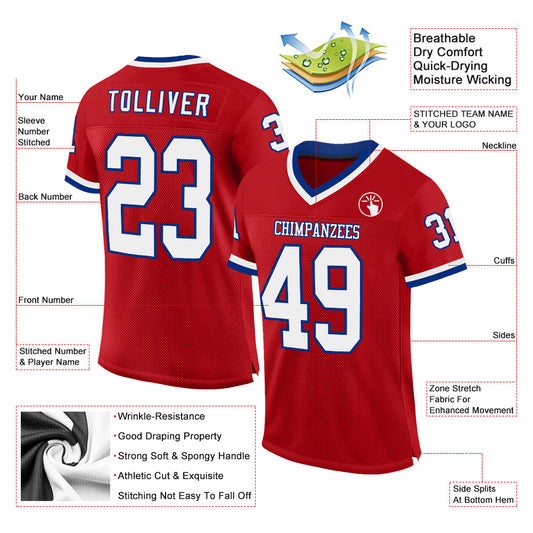 Custom Red White-Royal Mesh Authentic Throwback Football Jersey - Sky-Custom