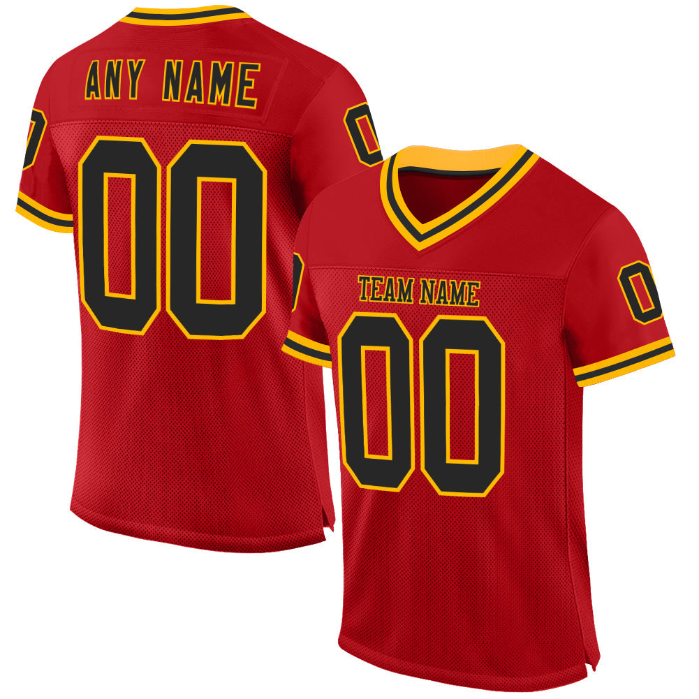 Custom Red Black-Gold Mesh Authentic Throwback Football Jersey - Sky-Custom