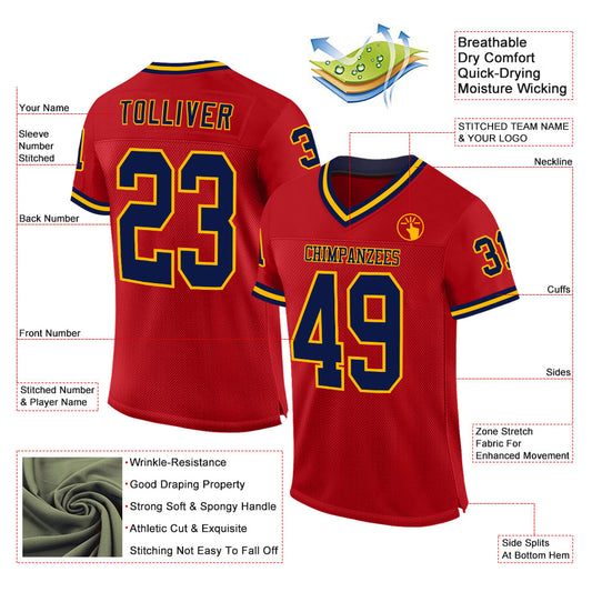 Custom Red Navy-Gold Mesh Authentic Throwback Football Jersey - Sky-Custom
