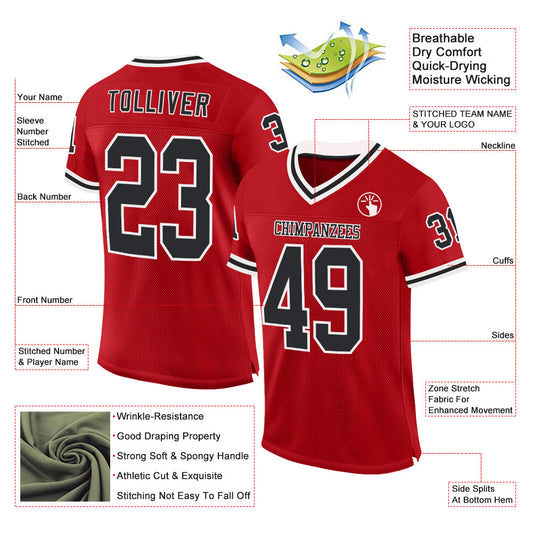 Custom Red Black-White Mesh Authentic Throwback Football Jersey - Sky-Custom