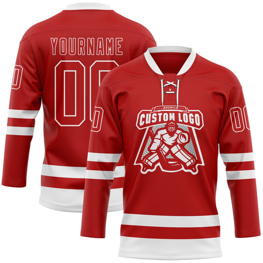 Custom Red White Hockey Lace Neck Jersey - Sky-Custom