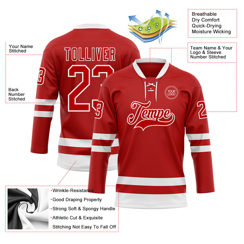 Custom Red White Hockey Lace Neck Jersey - Sky-Custom