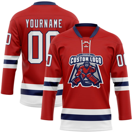Custom Red White-Navy Hockey Lace Neck Jersey - Sky-Custom