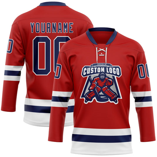 Custom Red Navy-White Hockey Lace Neck Jersey - Sky-Custom