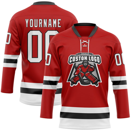 Custom Red White-Black Hockey Lace Neck Jersey - Sky-Custom