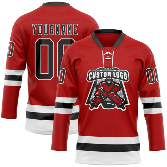 Custom Red Black-White Hockey Lace Neck Jersey - Sky-Custom