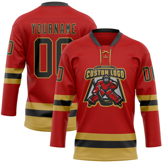 Custom Red Black-Old Gold Hockey Lace Neck Jersey - Sky-Custom