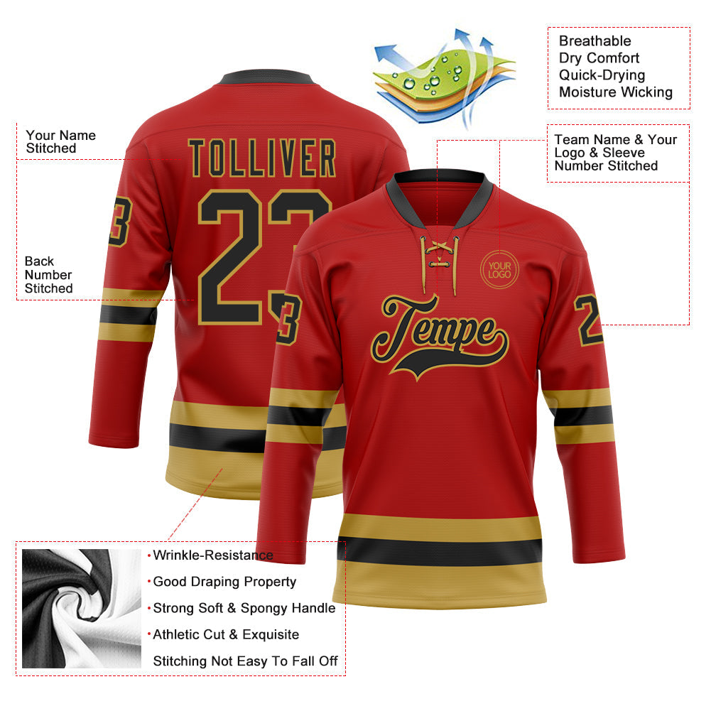 Custom Red Black-Old Gold Hockey Lace Neck Jersey - Sky-Custom
