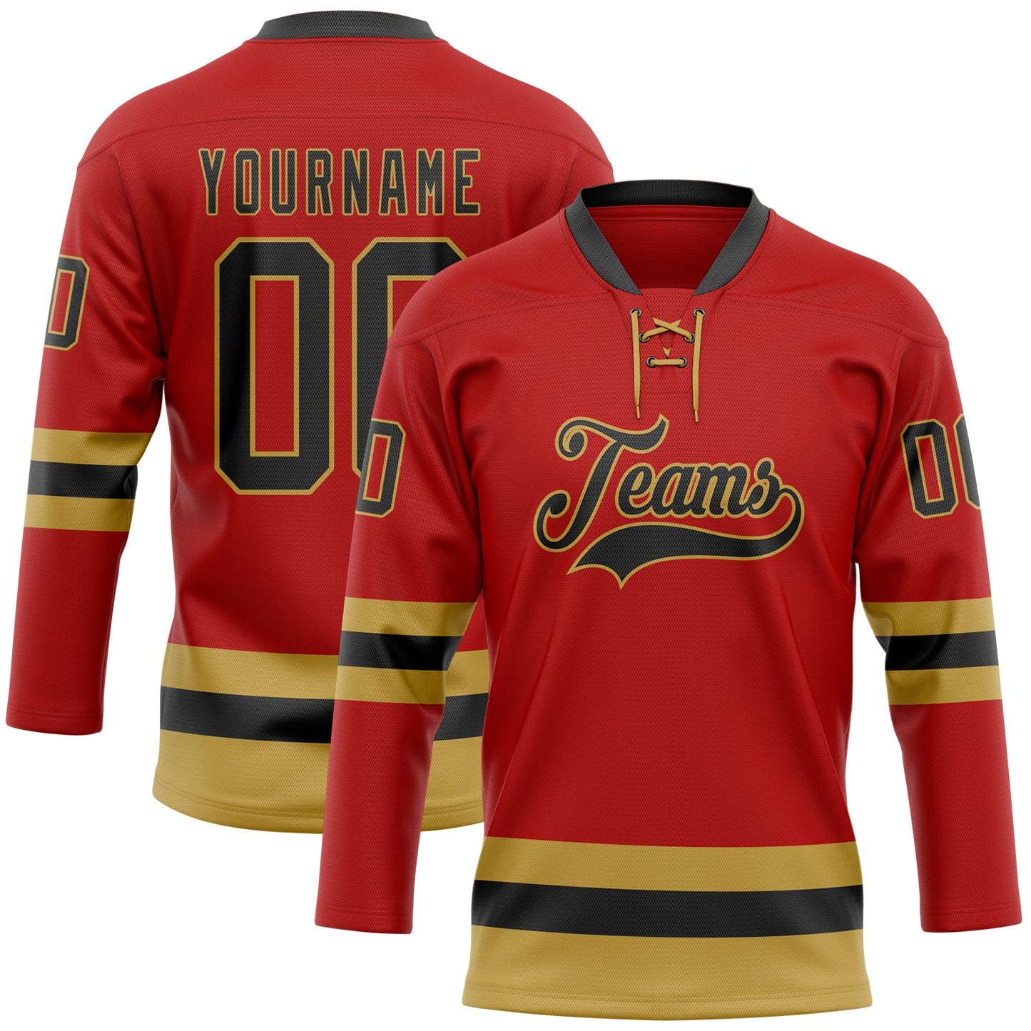 Custom Red Black-Old Gold Hockey Lace Neck Jersey - Sky-Custom