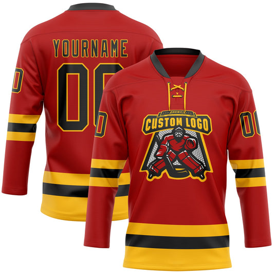 Custom Red Black-Gold Hockey Lace Neck Jersey - Sky-Custom