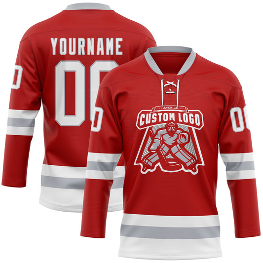 Custom Red White-Gray Hockey Lace Neck Jersey - Sky-Custom