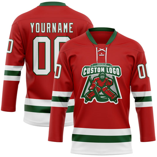 Custom Red White-Green Hockey Lace Neck Jersey - Sky-Custom