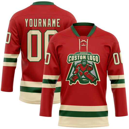 Custom Red Cream-Green Hockey Lace Neck Jersey - Sky-Custom
