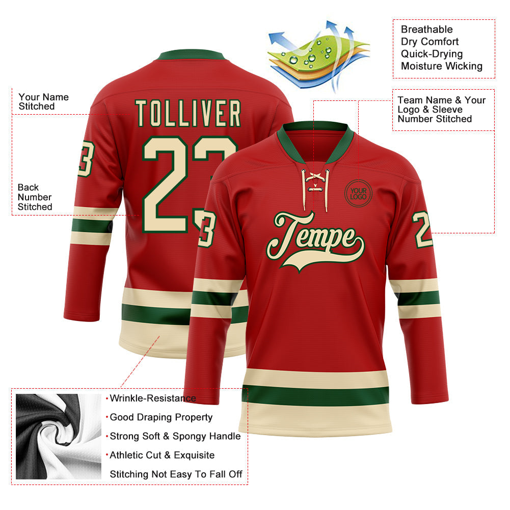 Custom Red Cream-Green Hockey Lace Neck Jersey - Sky-Custom