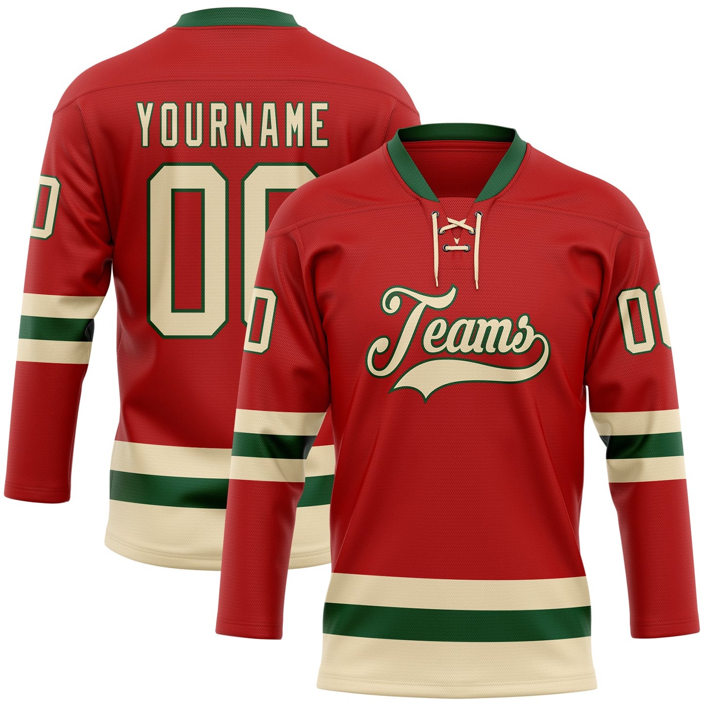 Custom Red Cream-Green Hockey Lace Neck Jersey - Sky-Custom