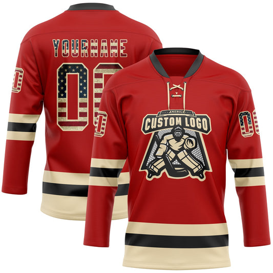 Custom Red Vintage USA Flag Cream-Black Hockey Lace Neck Jersey - Sky-Custom