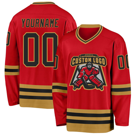 Custom Red Black-Old Gold Hockey Jersey - Sky-Custom