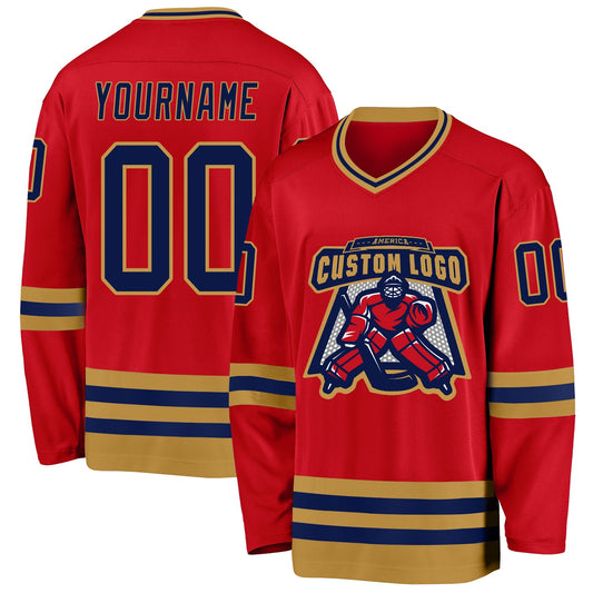 Custom Red Navy-Old Gold Hockey Jersey - Sky-Custom