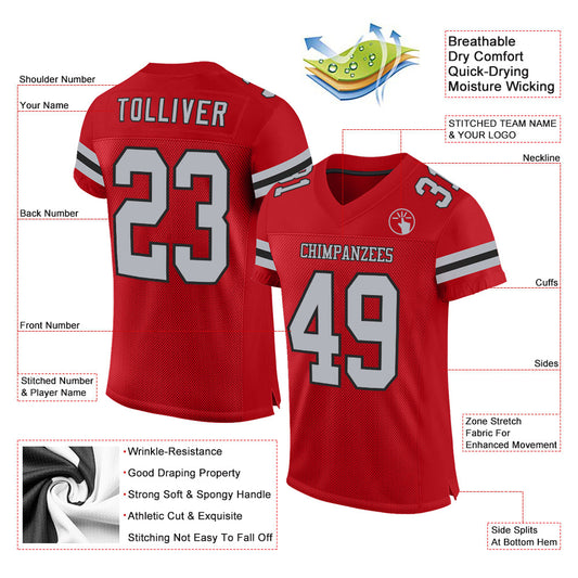 Custom Red Gray-Black Mesh Authentic Football Jersey - Sky-Custom
