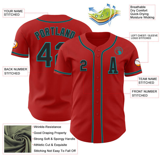 Custom Red Black-Teal Authentic Baseball Jersey - Sky-Custom