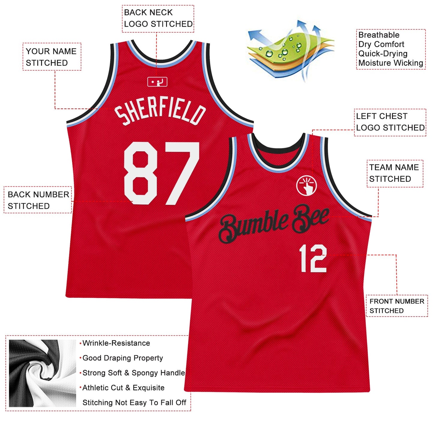 Custom Red Black-Light Blue Authentic Throwback Basketball Jersey - Sky-Custom