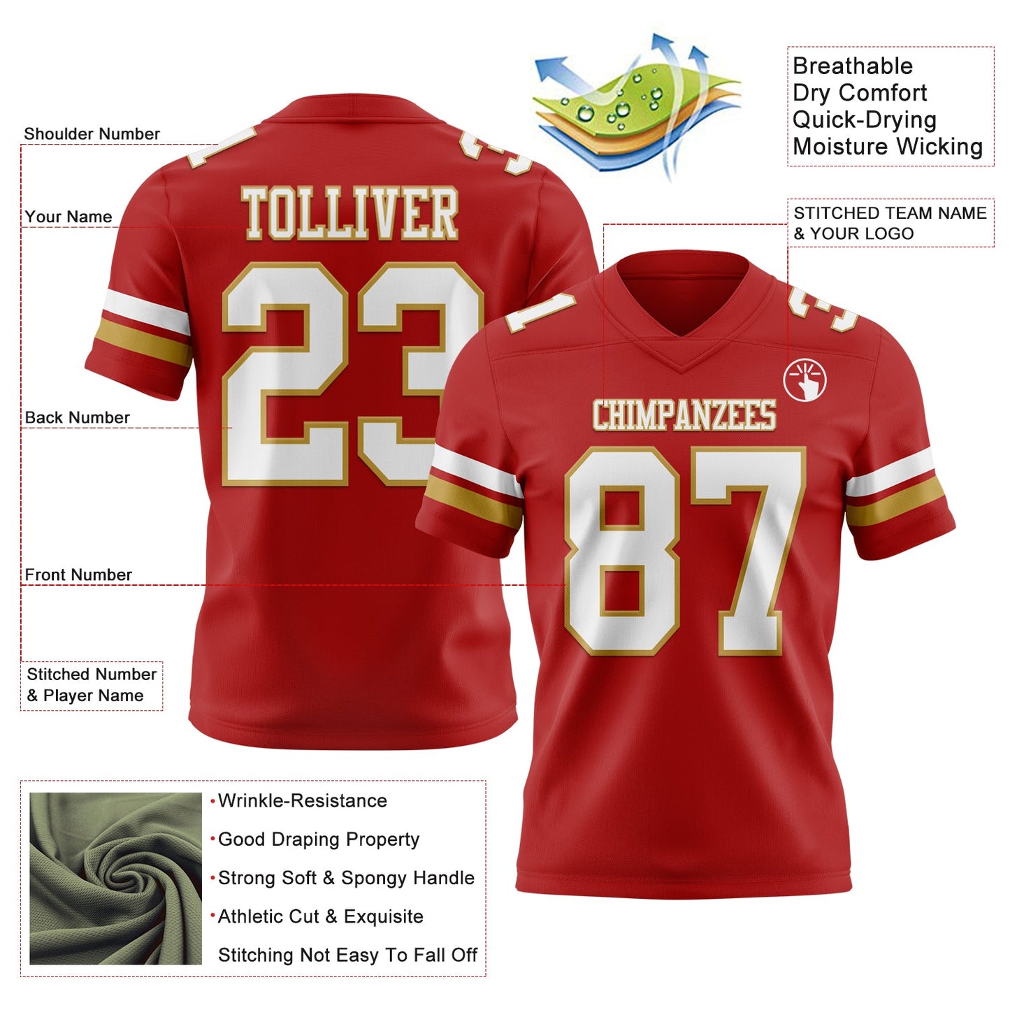 Custom Red White-Old Gold Mesh Authentic Football Jersey - Sky-Custom