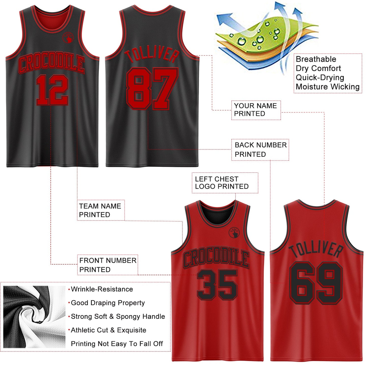 Custom Reversible Black Red Double Side Sublimation Basketball Suit Jersey - Sky-Custom