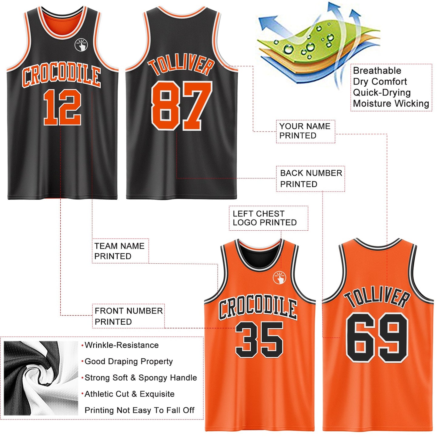 Custom Reversible Black Orange-White Double Side Sublimation Basketball Suit Jersey - Sky-Custom