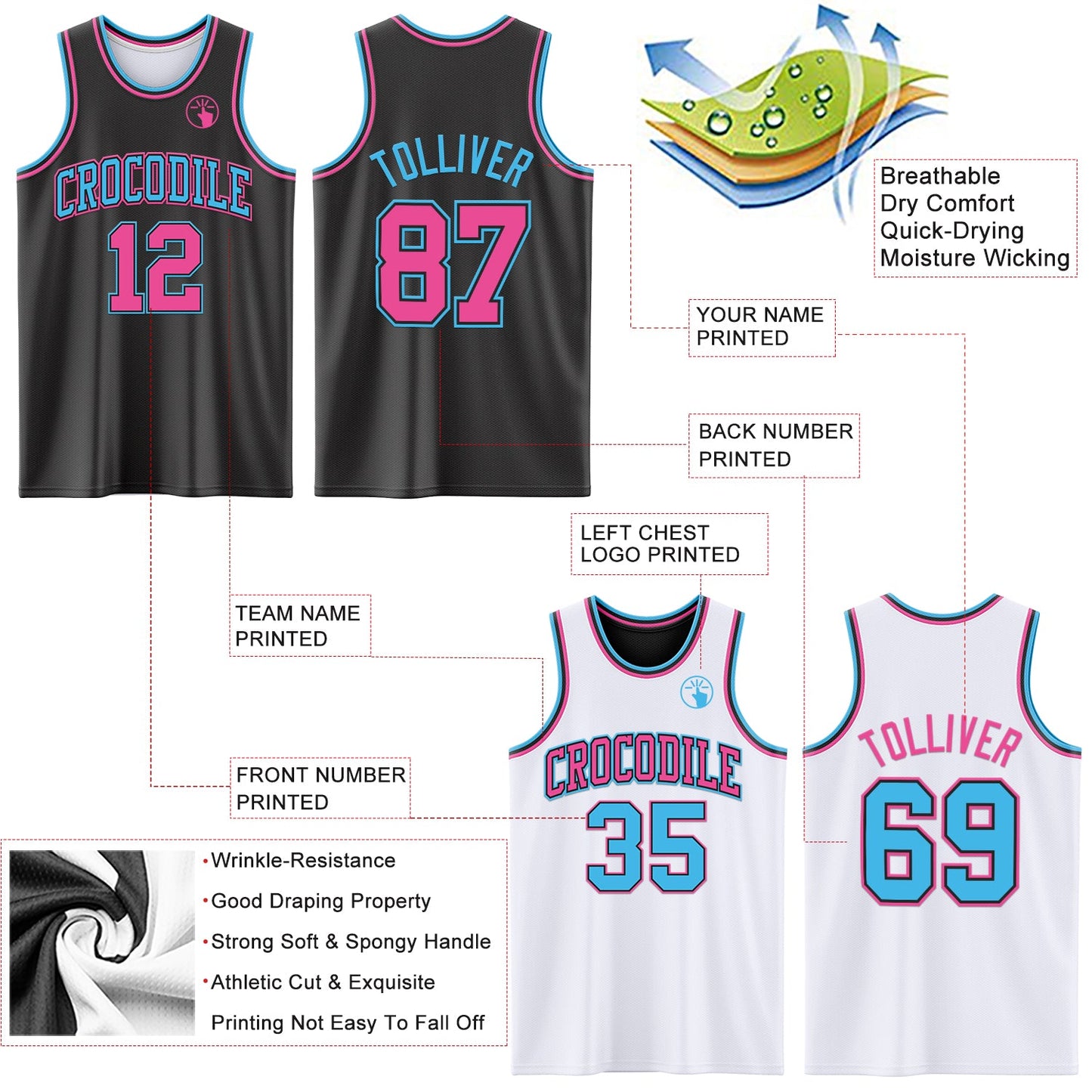 Custom Reversible Black Pink-Sky Blue Double Side Sublimation Basketball Suit Jersey - Sky-Custom