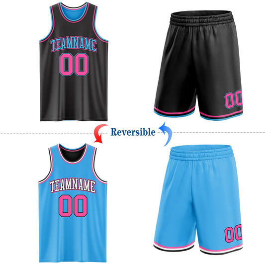Custom Reversible Black Pink-Sky Blue Double Side Sublimation Basketball Suit Jersey - Sky-Custom