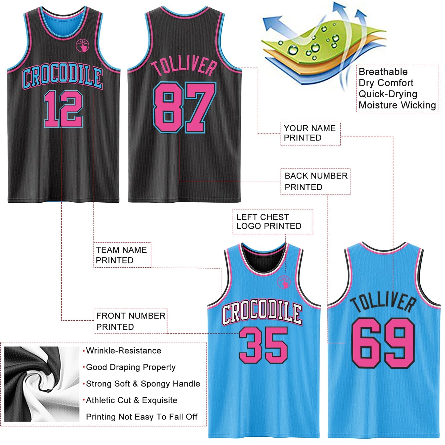 Custom Reversible Black Pink-Sky Blue Double Side Sublimation Basketball Suit Jersey - Sky-Custom